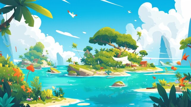 cartoon scene with tropical island and sea. illustration for game and animation