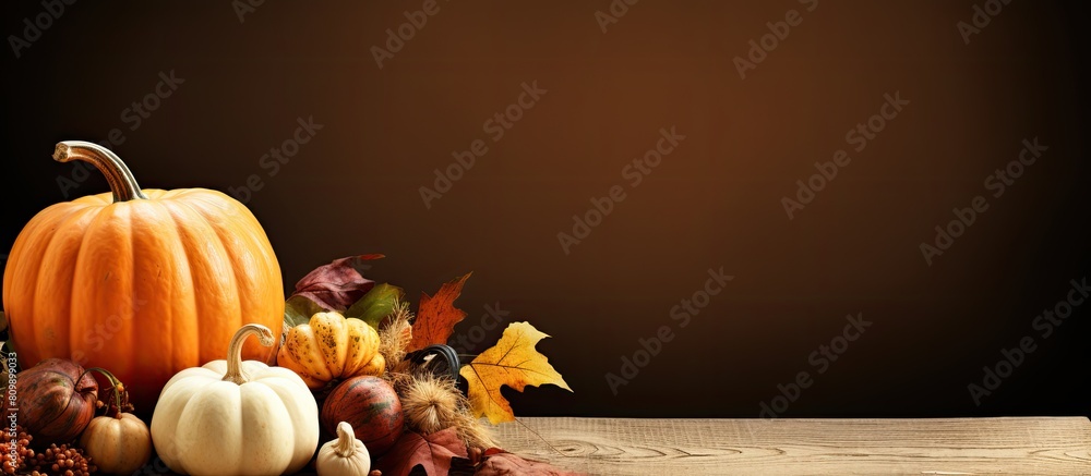 Poster festive autumn thanksgiving table with blank menu invite card and pumpkins providing a copy space im
