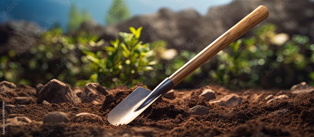 Poster gardening tool being used to shovel soil outdoors creating ample space for text in the image