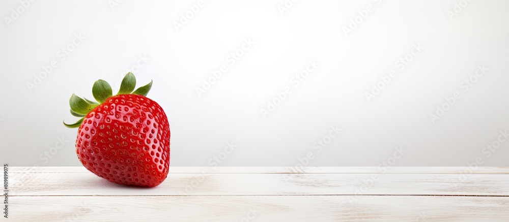 Poster a single red fresh strawberry is placed on a white wooden surface in the copy space image