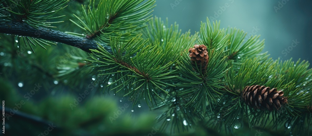 Leinwandbilder a pine tree with dew covered leaves and small cones on its branches creates an abstract nature backg