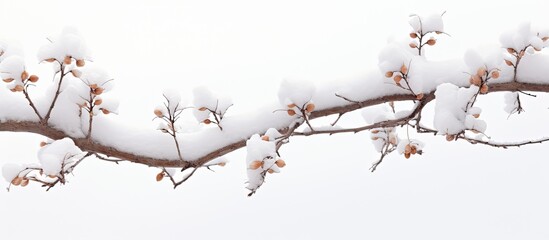 A wintery scene of a brown tree branch covered in snow offering the perfect backdrop for a copy space image