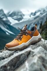 Outdoor sneakers placed on rocks in the mountains