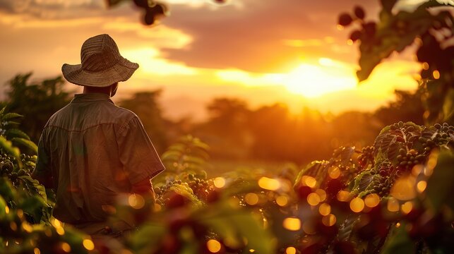 Work in the coffee field at sunset by a farmer. copy space for text.