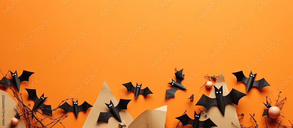 Poster from above there is a view of a bulletin board decorated with spooky wooden blocks and paper bat mic
