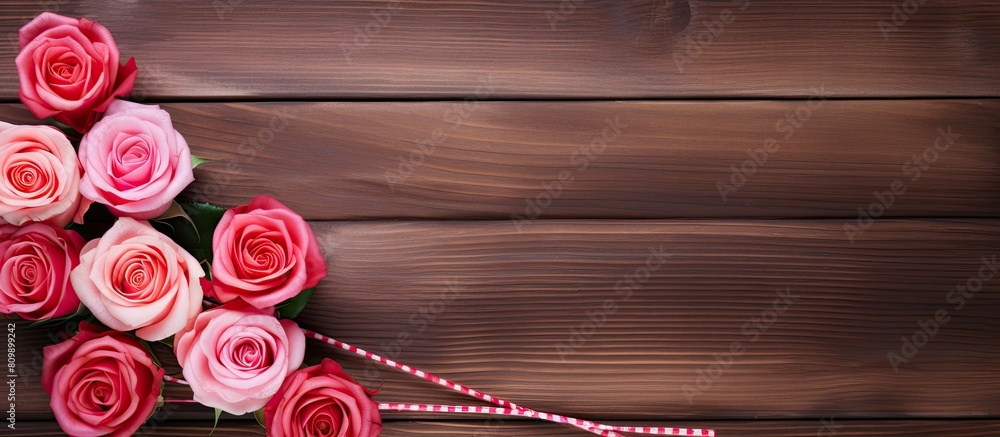 Poster a copy space image with a lollipop red and pink roses placed on a wooden background