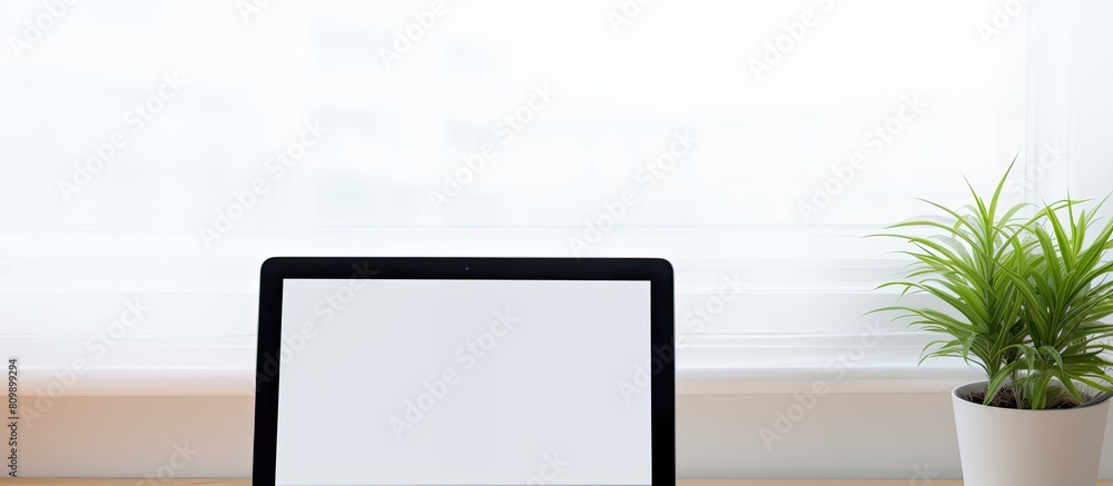 Aufkleber top view of a white office desk with a tablet displaying a blank screen perfect for showcasing your 
