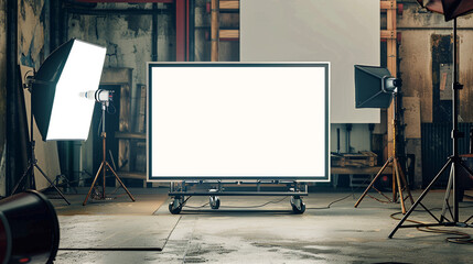 A white TV screen set in a film studio with a versatile virtual studio background.