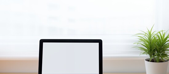 Top view of a white office desk with a tablet displaying a blank screen perfect for showcasing your application The image has ample copy space and is positioned in a flat lay style