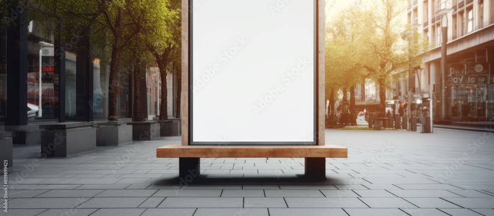 Aufkleber an empty advertising space with a copy space image is placed on a wooden stand outside in the street