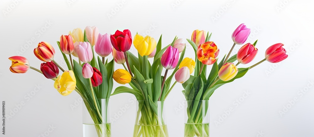 Aufkleber A stunning display of parrot style tulips arranged in a vase set against a white background The image captures the essence of spring holidays with ample copy space