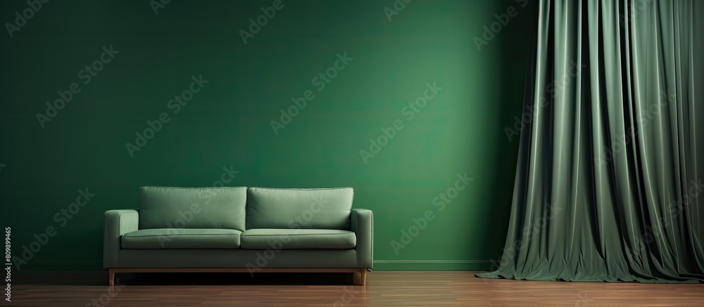 Poster In a green room there is a gray fabric sofa located beside a wooden curtain In the front there is a table This image has ample copy space