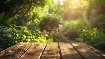 A rustic wooden table in a lush green garden with warm sunlight evokes a sense of peace and tranquility. 
