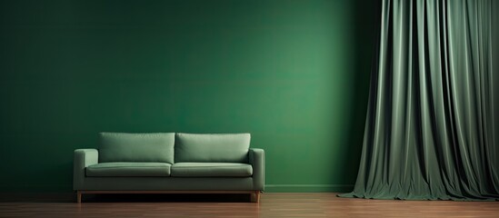 In a green room there is a gray fabric sofa located beside a wooden curtain In the front there is a table This image has ample copy space