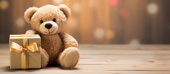 Obraz premium The adorable Teddy Bear poses on a wooden background emanating multiple ideas It serves as the perfect image for Valentine s Day Christmas celebrations weddings anniversaries etc with ample copy spac