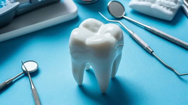 White healthy tooth with various dental care tools on dental background, oral hygiene concept
