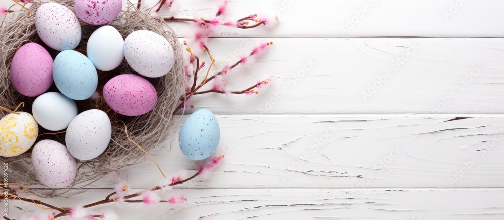 Leinwandbilder A top down view of Easter eggs coated in glitter nestled in a branch nest set against a white wooden backdrop The image offers copy space for text