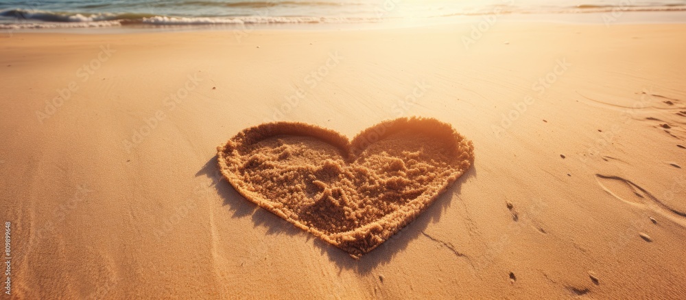 Poster Top view of a heart shape drawn in the sand against a scenic beach background creating a beautiful copy space image