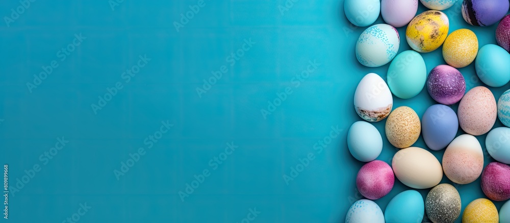 Poster a vibrant easter themed background with a collection of multi colored eggs arranged on a blue table 