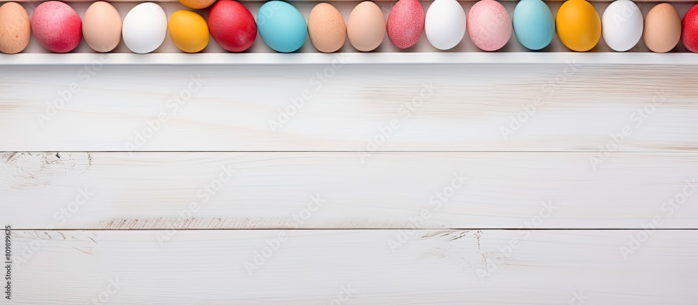 Aufkleber easter themed background featuring colored eggs and a blank frame mock up on a light wooden surface 