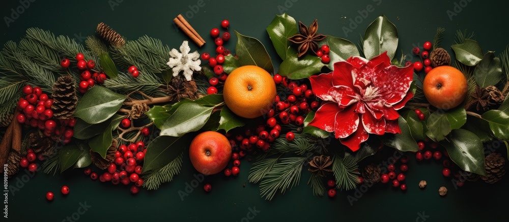 Poster a festive christmas arrangement on a vibrant background capturing the essence of the holiday season 