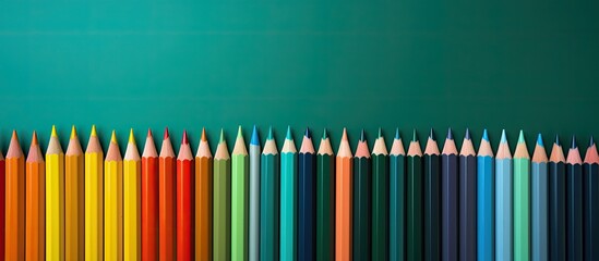 A vibrant assortment of colored pencils arranged in a flat lay formation atop a green backdrop bearing the phrase Welcome Back To School This copy space image embodies the essence of education - Powered by Adobe