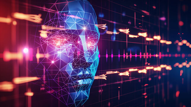 glow polygon face on digital sound wave background with copy space