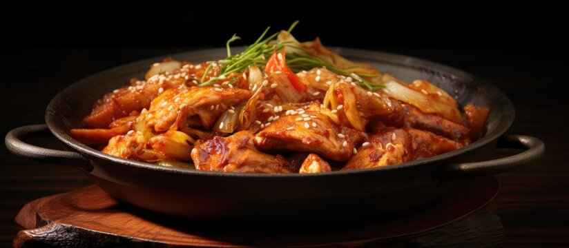 A deliciously spiced Dak Galbi Korean dish combining succulent chicken and crisp cabbage is ready to be savored in this copy space image