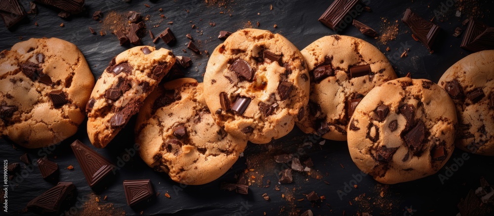 Poster A top down view of cookies with chocolate chunks and bitter cocoa on a dark background creating a framed image with empty space for text. Creative banner. Copyspace image