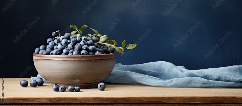Poster A rustic country table showcases a captivating image of a blueberry nestled in a bowl leaving ample copy space for creative use