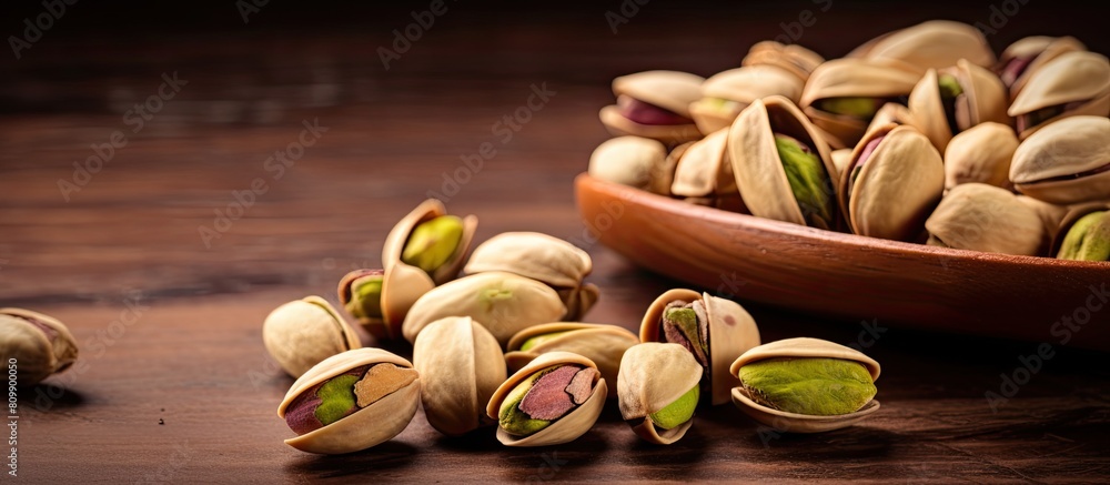 Aufkleber A close up image of pistachios in a wooden spoon on a wooden table allowing for empty space in the picture. Creative banner. Copyspace image