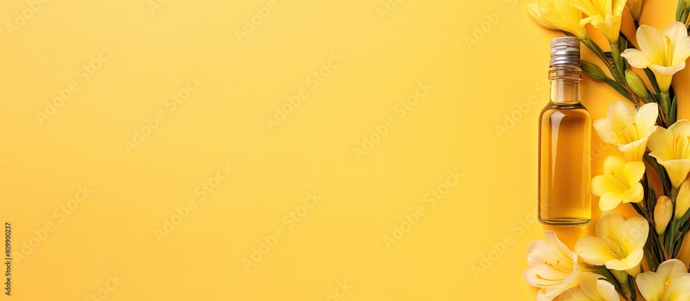 Aufkleber flat lay of a bottle of baby oil and blooming freesia on a yellow background with enough space for t