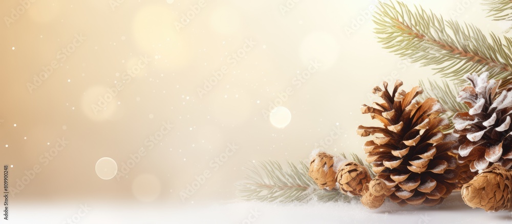 Poster festive christmas copy space image features a snowy white spruce branch adorned with cones on a gold