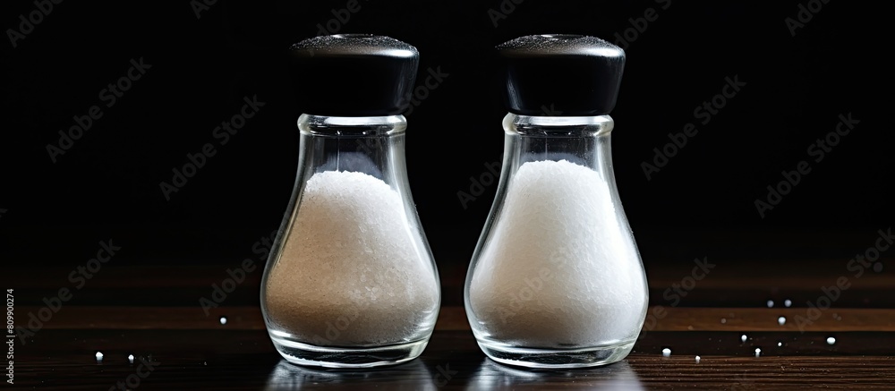 Poster a photo of salt and pepper shakers placed on a table with a black background provides ample space fo