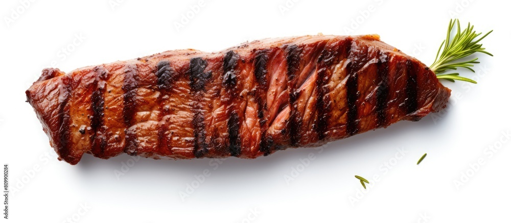 Poster Close up copy space image of grilled meat isolated on a white background offering a top view perspective