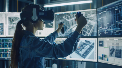 Woman wearing virtual reality headset and using controllers in front of multiple screens showing various data and interfaces.