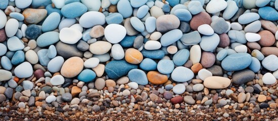 Naklejka premium Image of pebbles on the beach where small smooth stones lie scattered along the shoreline. Creative banner. Copyspace image