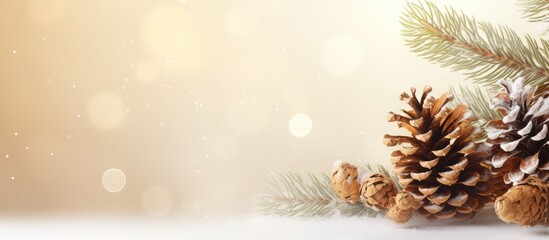 Festive Christmas copy space image features a snowy white spruce branch adorned with cones on a golden background perfect for adding text