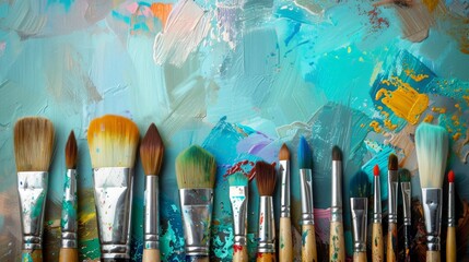 Close-up of artist paintbrushes arranged on canvas background, artistic tools for painting