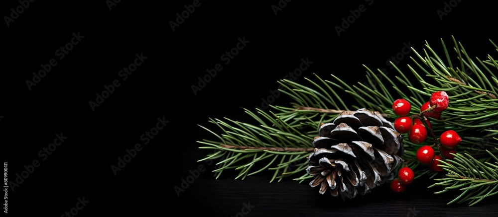 Poster a festive christmas background featuring a copy space image of a pine cone and a fir branch adorned 
