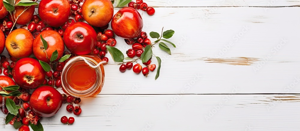 Poster An autumn harvest of Paradise apples is showcased in a top view displayed on a white wooden table along with a jar of sweet Paradise apple jam The composition allows for copy space in the image