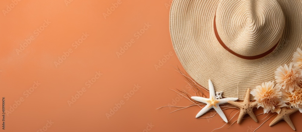 Aufkleber A top view of a color background with a gorgeous straw hat and seashells perfect for copy space image