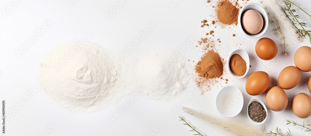 Aufkleber Top view of eggs and flour on a white background creating a copy space image for baking preparation