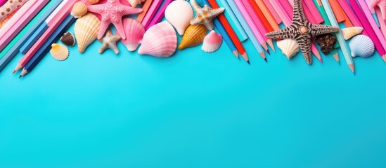 A pop art concept for back to school with a mix of school stationery and a seashell on a vibrant...