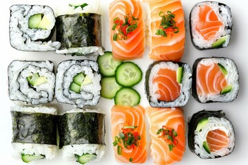 Big Set of Various Maki Sushi Isolated on White Background Top View. Baked Norimaki Rolls