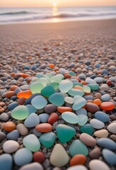 Obraz premium Colorful sea glass and pebbles on a beach at sunset, with the ocean and horizon in the background
