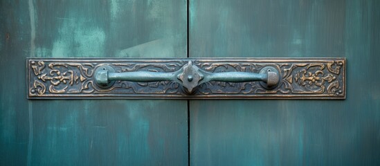 Architectural background with an ancient metal handle on a door providing copy space image