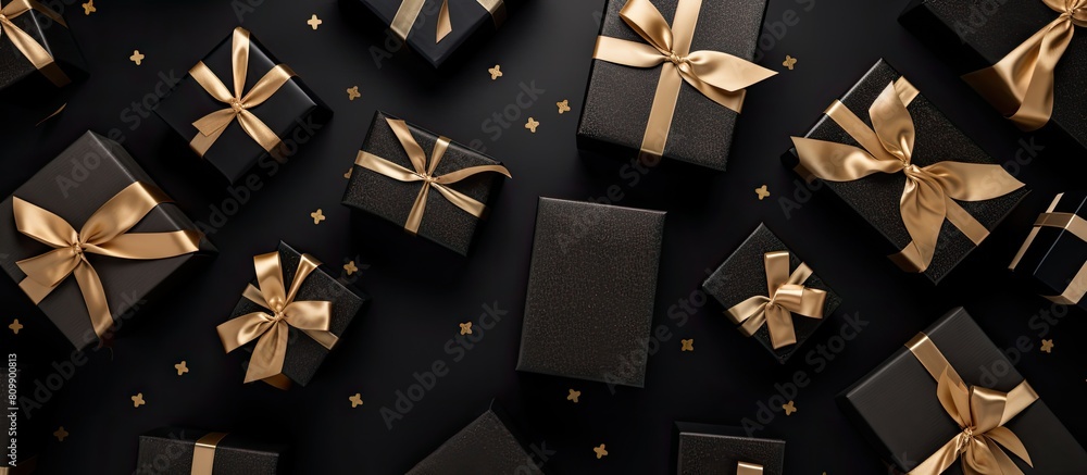 Poster flat lay of black friday and holiday themed cardboard gift boxes placed on a black background creati