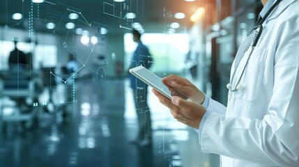 Healthcare professional using a digital tablet amidst a high-tech medical environment.