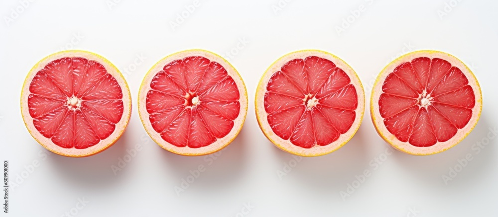 Poster a copy space image featuring four grapefruit halves adorned with cherries set against a white backgr